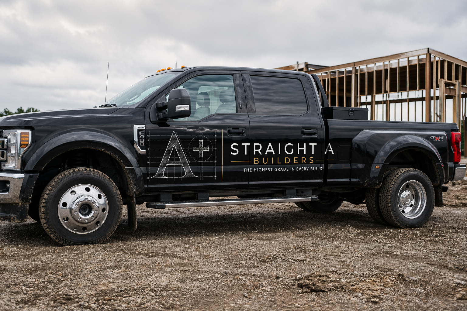 Straight A Builders branded crew truck parked on a New Mexico jobsite